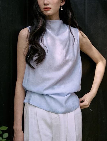 Sleeveless Mock Neck Plain Blouse