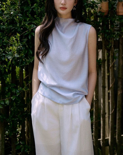 Sleeveless Mock Neck Plain Blouse