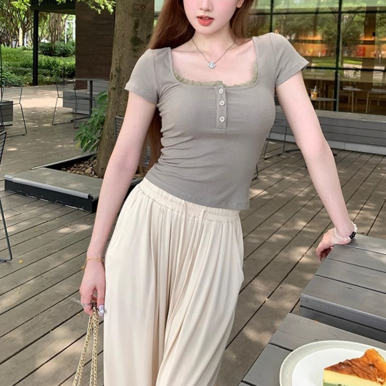 Short Sleeve Square Neck Lace Trim Plain Slim-Fit Crop Top