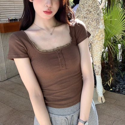 Short Sleeve Square Neck Lace Trim Plain Slim-Fit Crop Top