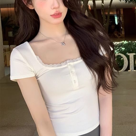 Short Sleeve Square Neck Lace Trim Plain Slim-Fit Crop Top