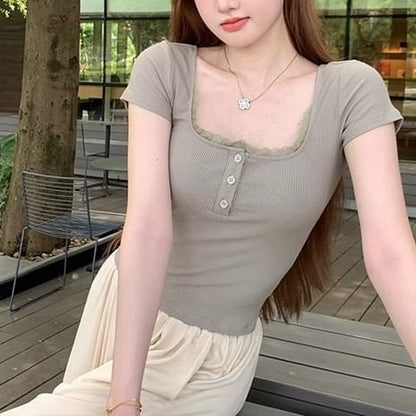 Short Sleeve Square Neck Lace Trim Plain Slim-Fit Crop Top