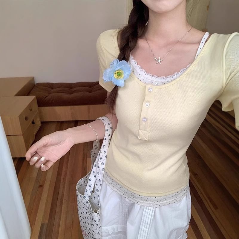 Short Sleeve Mock Two Piece Lace Trim Color Block Slim-Fit T-Shirt