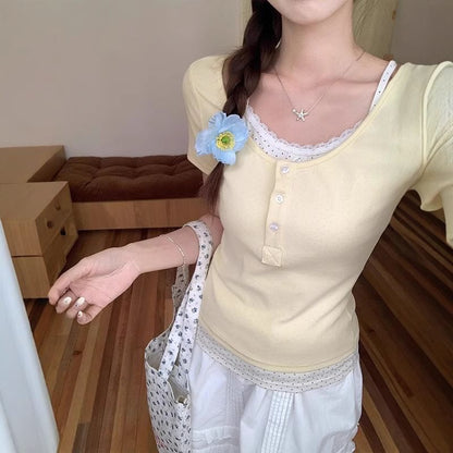 Short Sleeve Mock Two Piece Lace Trim Color Block Slim-Fit T-Shirt