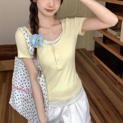 Short Sleeve Mock Two Piece Lace Trim Color Block Slim-Fit T-Shirt