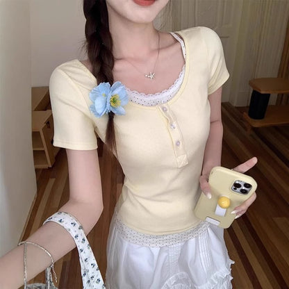 Short Sleeve Mock Two Piece Lace Trim Color Block Slim-Fit T-Shirt