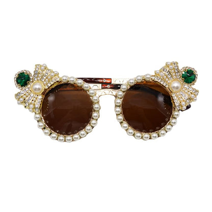 Cat Faux Eye Sunglasses Rhinestone Pearl