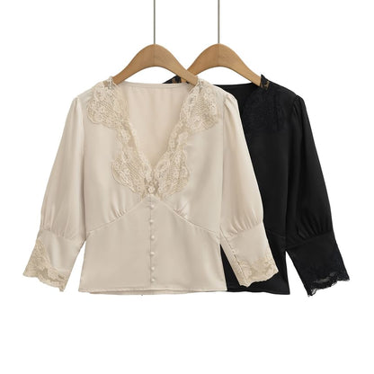 Elbow-Sleeve V-Neck Lace-Trim Blouse