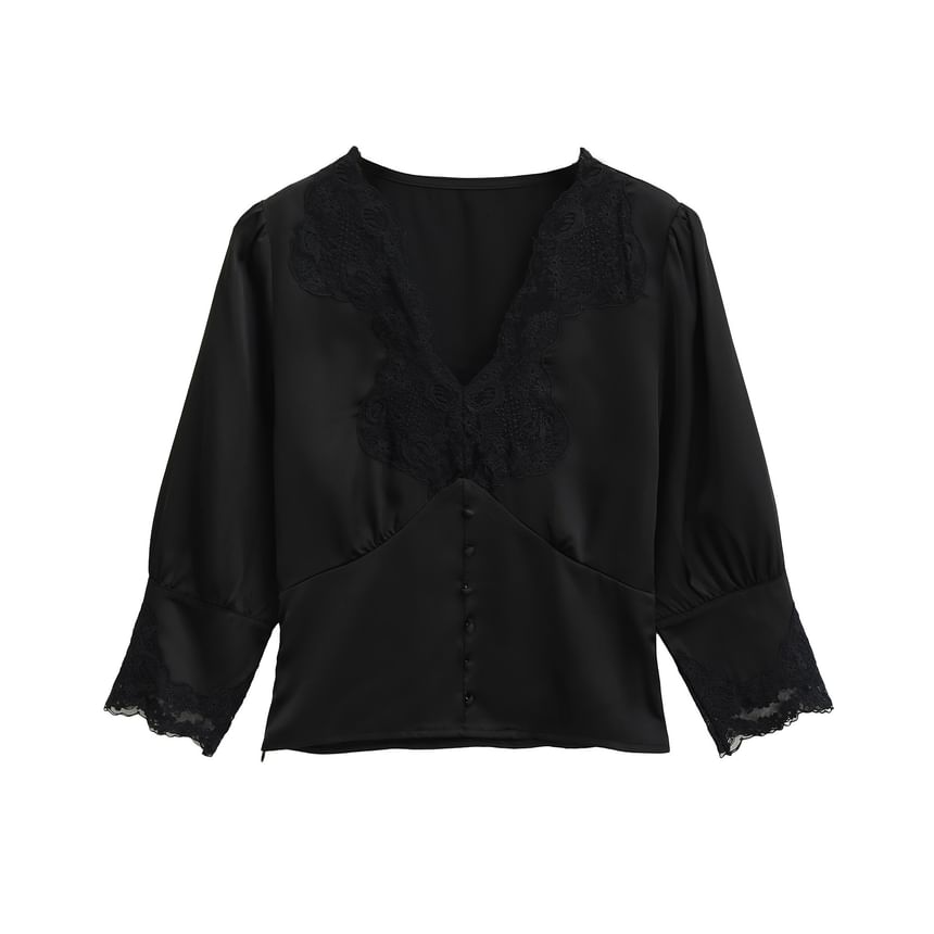 Elbow-Sleeve V-Neck Lace-Trim Blouse