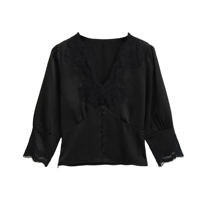 Elbow-Sleeve V-Neck Lace-Trim Blouse