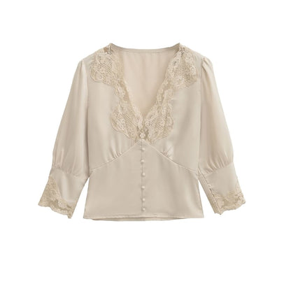 Elbow-Sleeve V-Neck Lace-Trim Blouse