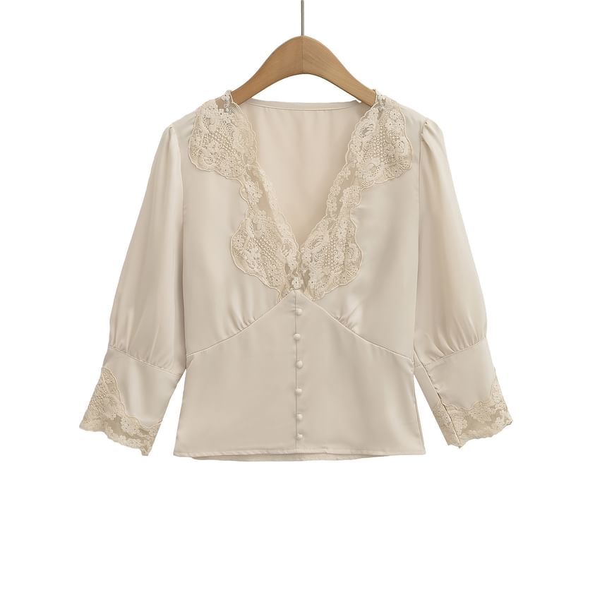 Elbow-Sleeve V-Neck Lace-Trim Blouse