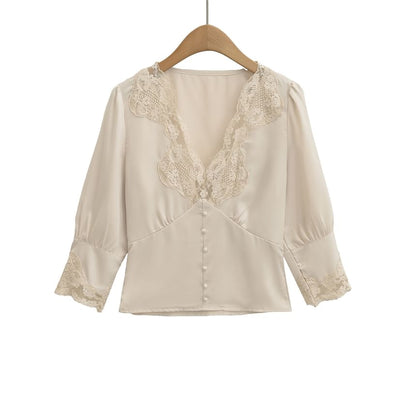 Elbow-Sleeve V-Neck Lace-Trim Blouse