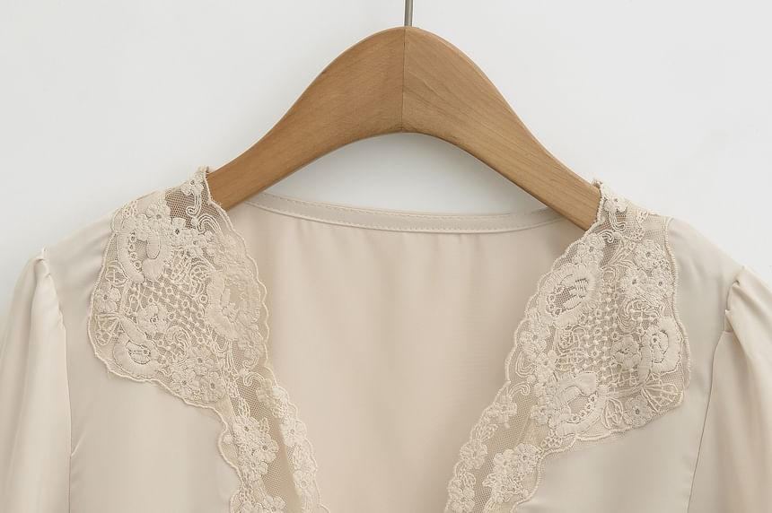 Elbow-Sleeve V-Neck Lace-Trim Blouse