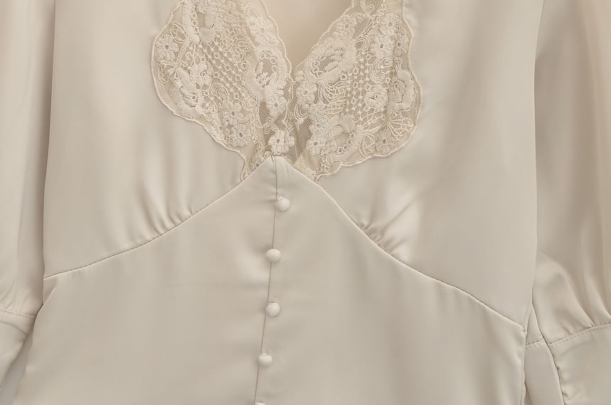 Elbow-Sleeve V-Neck Lace-Trim Blouse