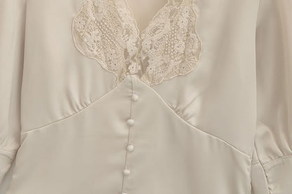 Elbow-Sleeve V-Neck Lace-Trim Blouse