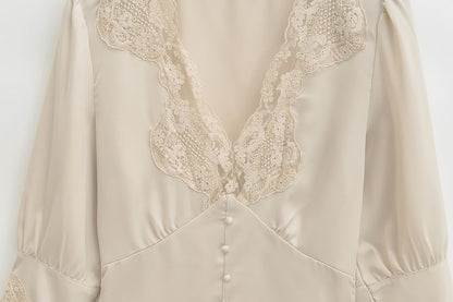 Elbow-Sleeve V-Neck Lace-Trim Blouse