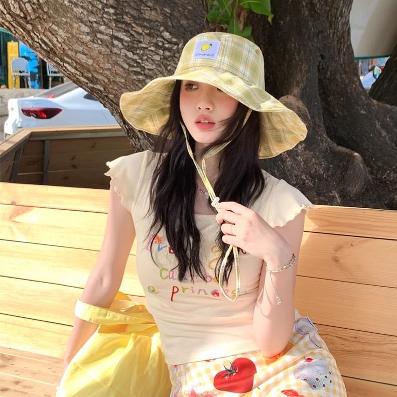 Hat Sun Applique Plaid Lemon