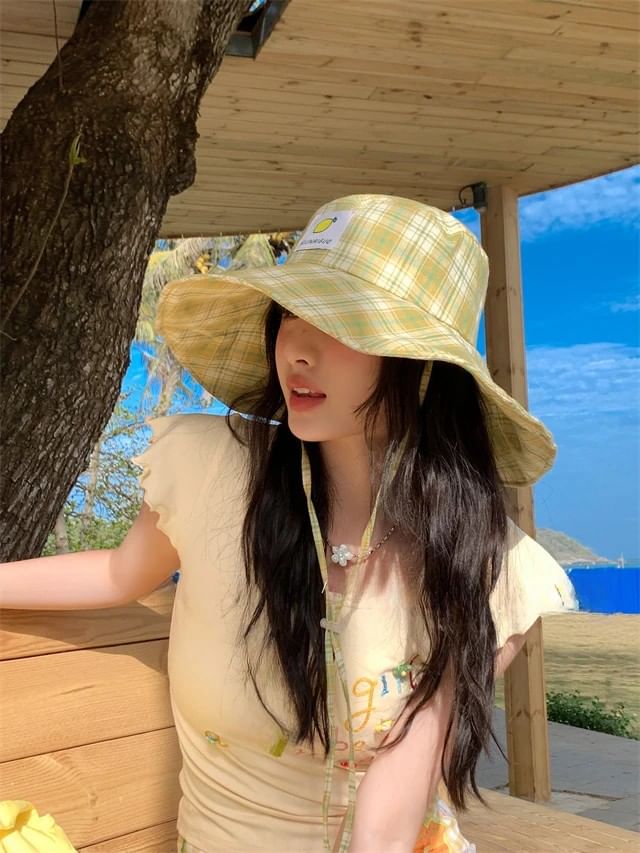 Hat Sun Applique Plaid Lemon