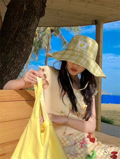 Hat Sun Applique Plaid Lemon
