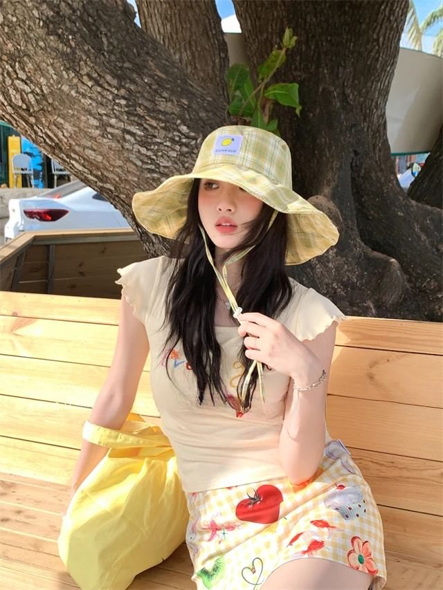 Hat Sun Applique Plaid Lemon