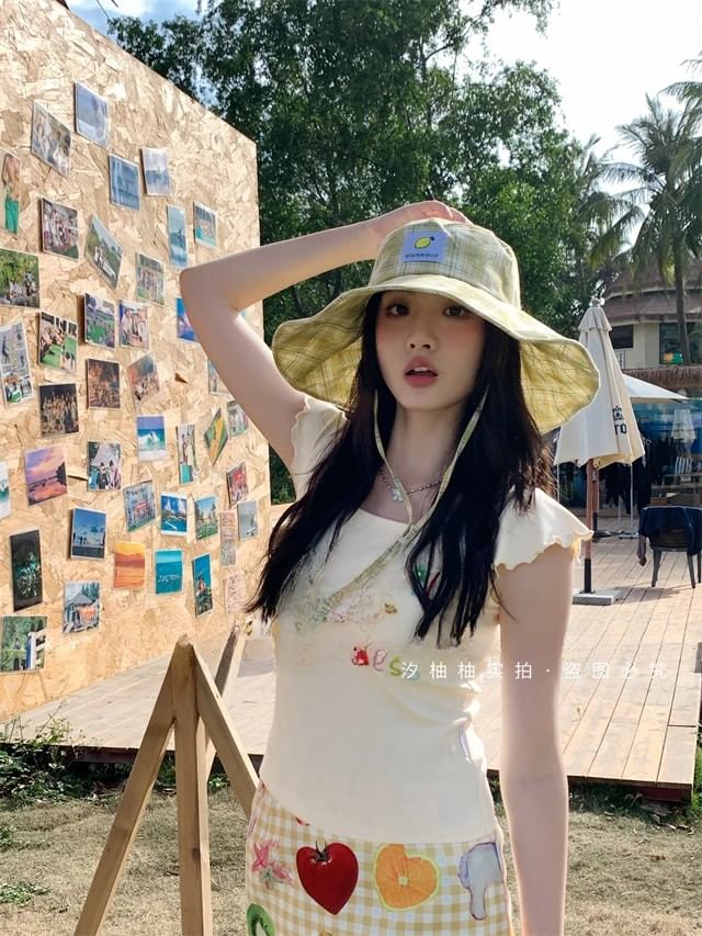 Hat Sun Applique Plaid Lemon