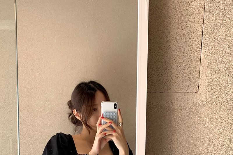 Square Neck Lace-Trim Short Sleeve Blouse