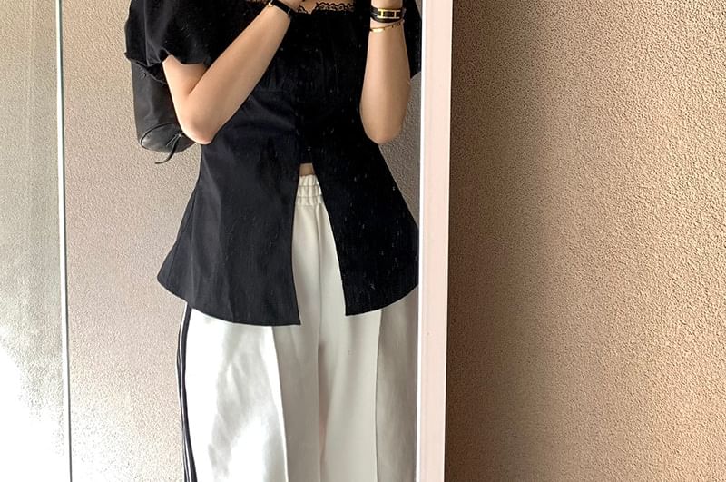 Square Neck Lace-Trim Short Sleeve Blouse