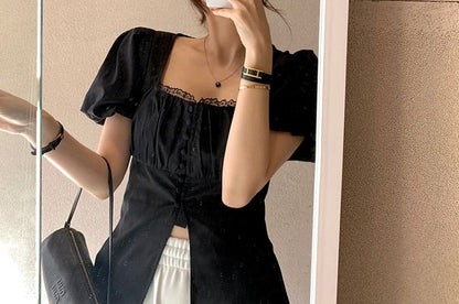 Square Neck Lace-Trim Short Sleeve Blouse
