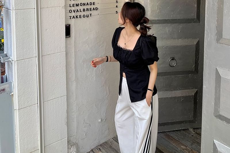 Square Neck Lace-Trim Short Sleeve Blouse