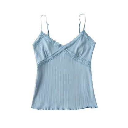 Ribbed Knit Lace-Trim Crop Camisole Top
