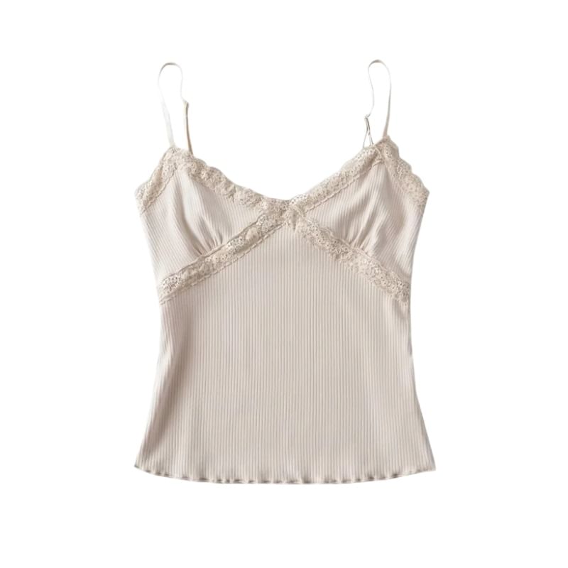 Ribbed Knit Lace-Trim Crop Camisole Top
