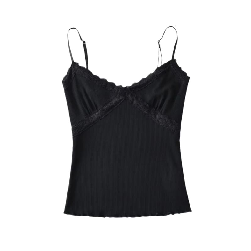 Ribbed Knit Lace-Trim Crop Camisole Top