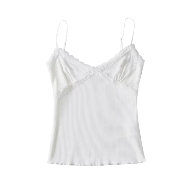 Ribbed Knit Lace-Trim Crop Camisole Top