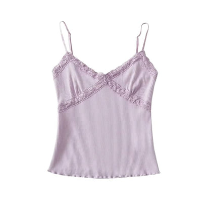 Ribbed Knit Lace-Trim Crop Camisole Top