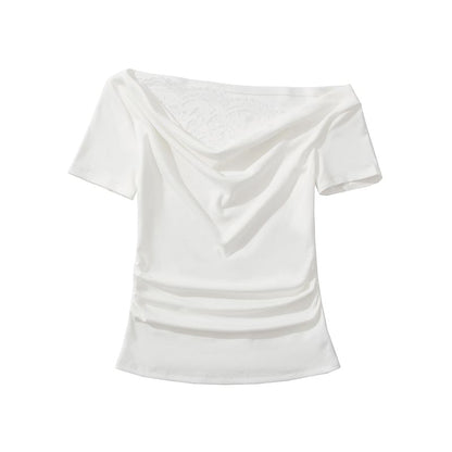 Off-Shoulder Cowl Neck Lace Panel Slim Tee