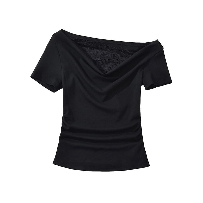 Off-Shoulder Cowl Neck Lace Panel Slim Tee