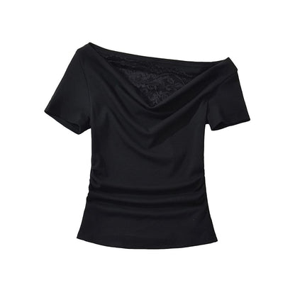 Off-Shoulder Cowl Neck Lace Panel Slim Tee