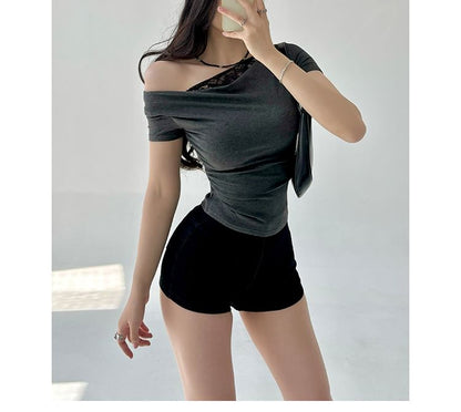 Off-Shoulder Cowl Neck Lace Panel Slim Tee