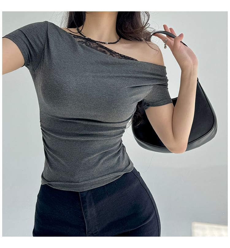 Off-Shoulder Cowl Neck Lace Panel Slim Tee