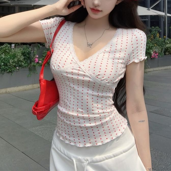 Short Sleeve V-Neck Lace-Trim Slim-Fit Tee