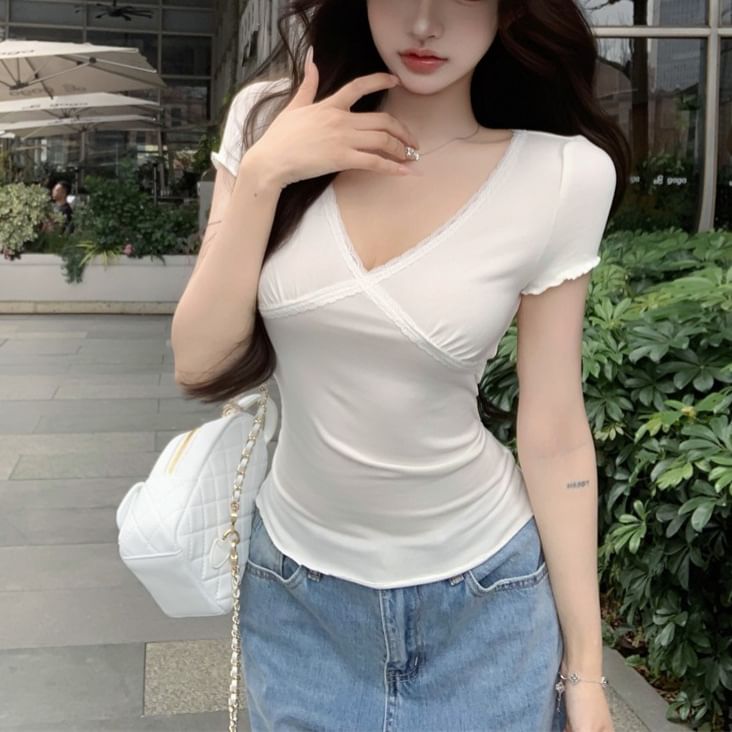 Short Sleeve V-Neck Lace-Trim Slim-Fit Tee