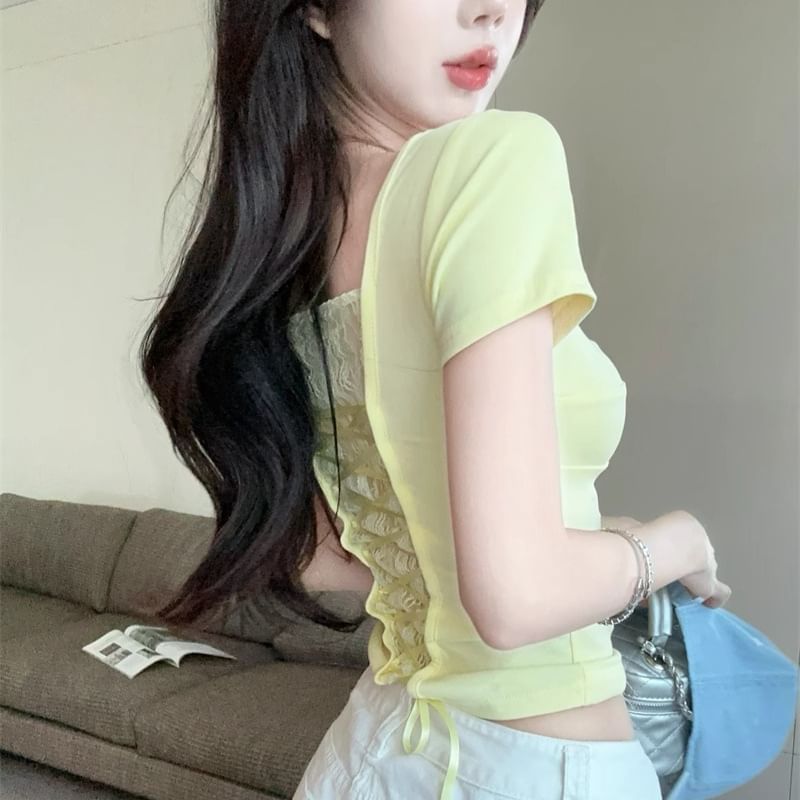 Short Sleeve V-Neck Knotted Lace-Up Back Tee