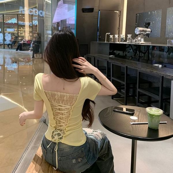 Short Sleeve V-Neck Knotted Lace-Up Back Tee