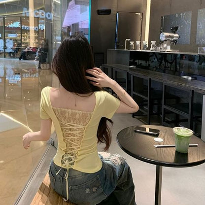 Short Sleeve V-Neck Knotted Lace-Up Back Tee
