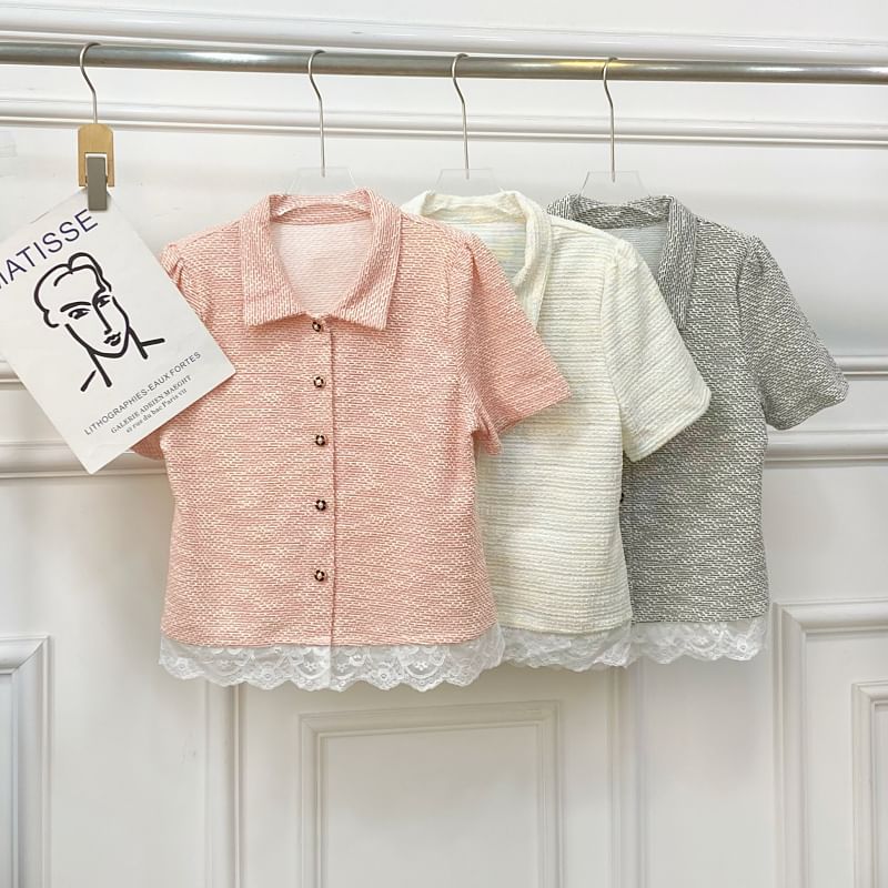 Collared Lace Panel Short-Sleeve Tweed Blouse
