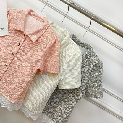 Collared Lace Panel Short-Sleeve Tweed Blouse