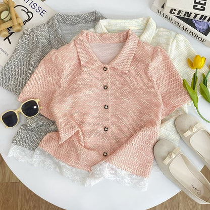Collared Lace Panel Short-Sleeve Tweed Blouse