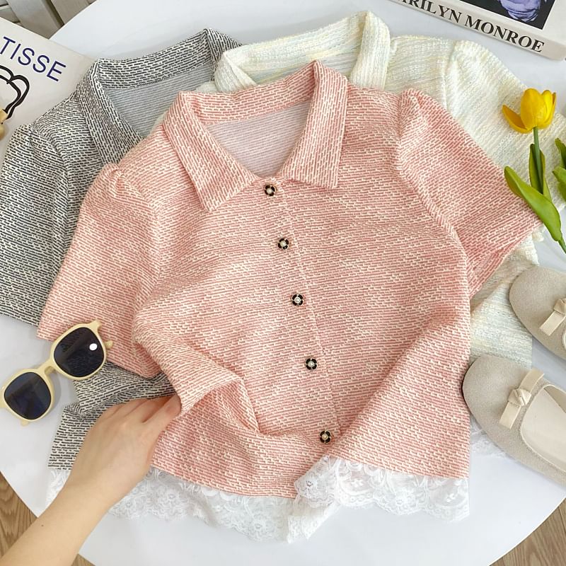 Collared Lace Panel Short-Sleeve Tweed Blouse