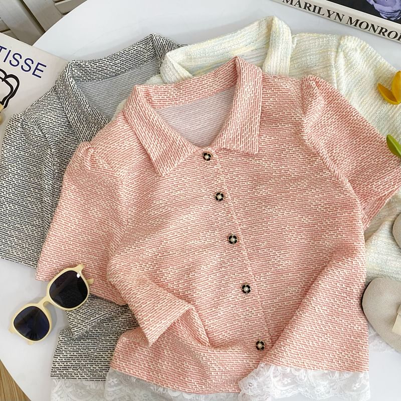 Collared Lace Panel Short-Sleeve Tweed Blouse
